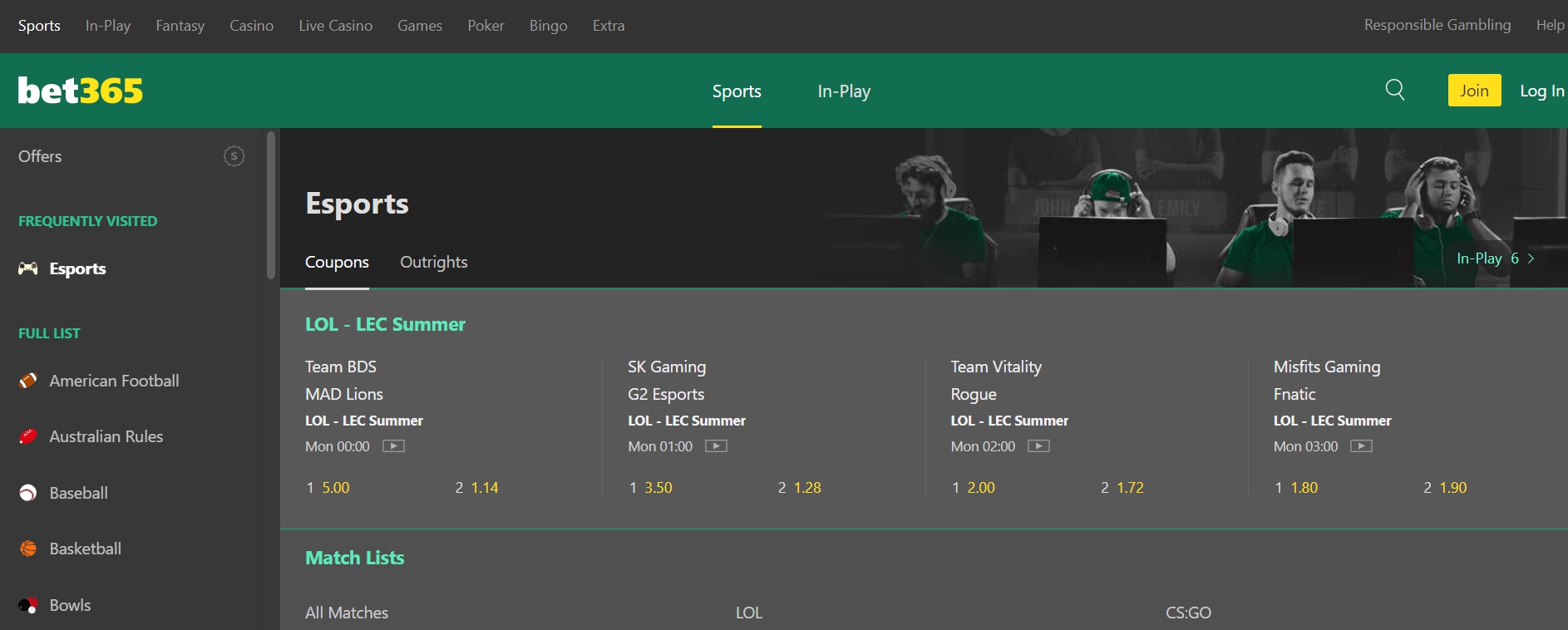 Киберспортивная линия и коэффициенты в Bet365