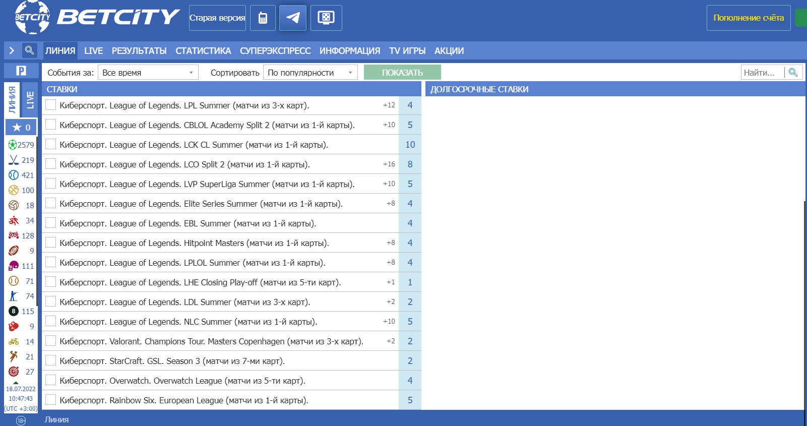 Дисциплины для ставок в БК Betcity
