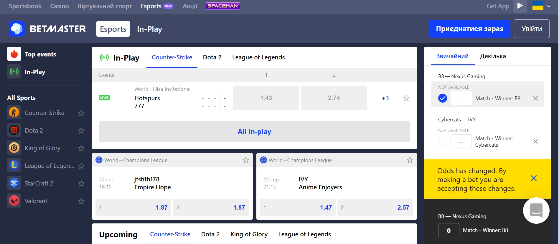 Киберспортивная линия, роспись и коэффициенты