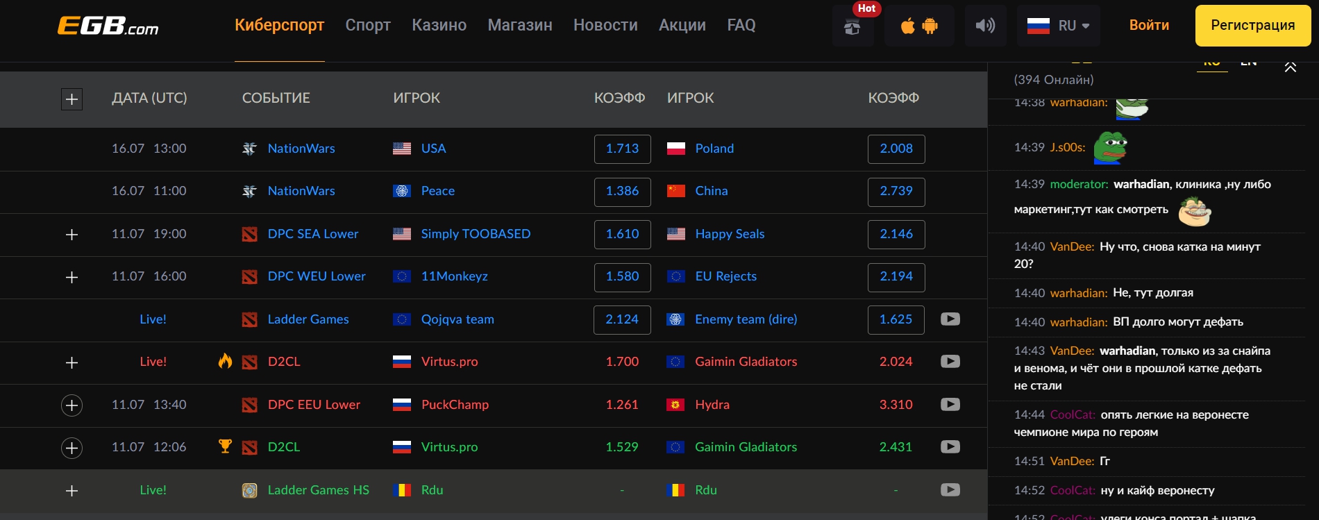 На какие исходы можно поставить в Egamingbets