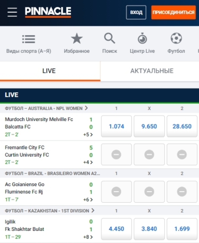 Мобильная версия официального сайта Pinnacle